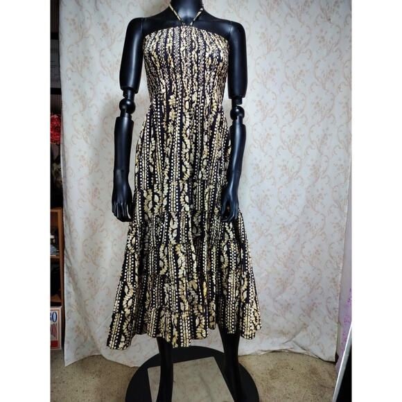 Halter Neck Tie Brown & Cream Strapless Boho Maxi Dress One Size - Picture 14 of 16